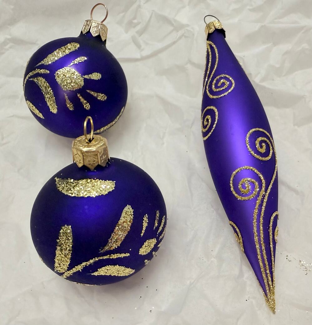 Set of 3 Vintage Royal Purple and Gold Glass Ornaments, European Christmas Decor